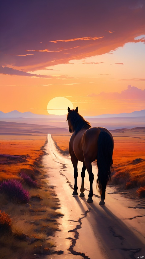An ancient, desolate road stretching into the horizon, bathed in the golden light of the setting sun. A thin, weary horse stands on the path, its mane and tail tousled by the brisk west wind. The sky is painted in hues of orange, pink, and purple as the sun sinks lower, casting long shadows across the landscape. In the distance, a solitary figure stands, cloaked in a tattered robe, looking towards the horizon with a sense of longing and heartbreak. The surrounding landscape is vast and empty, emphasizing the feeling of isolation and melancholy. The overall atmosphere is one of poignant beauty and deep emotional resonance, capturing the sorrow and loneliness of a traveler far from home..epic artwork