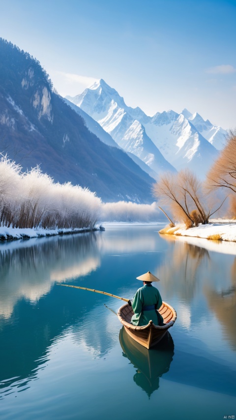 A serene winter landscape with a vast expanse of snow-covered mountains and valleys. The sky is clear, and not a single bird is in sight. All the pathways are covered with snow, showing no signs of human presence. In the middle of a calm, icy river, there is a solitary small boat. An elderly man, dressed in traditional Chinese attire with a bamboo hat and cloak, is sitting in the boat, quietly fishing. The scene is tranquil and cold, with the snow gently falling. The overall mood is peaceful and contemplative.
