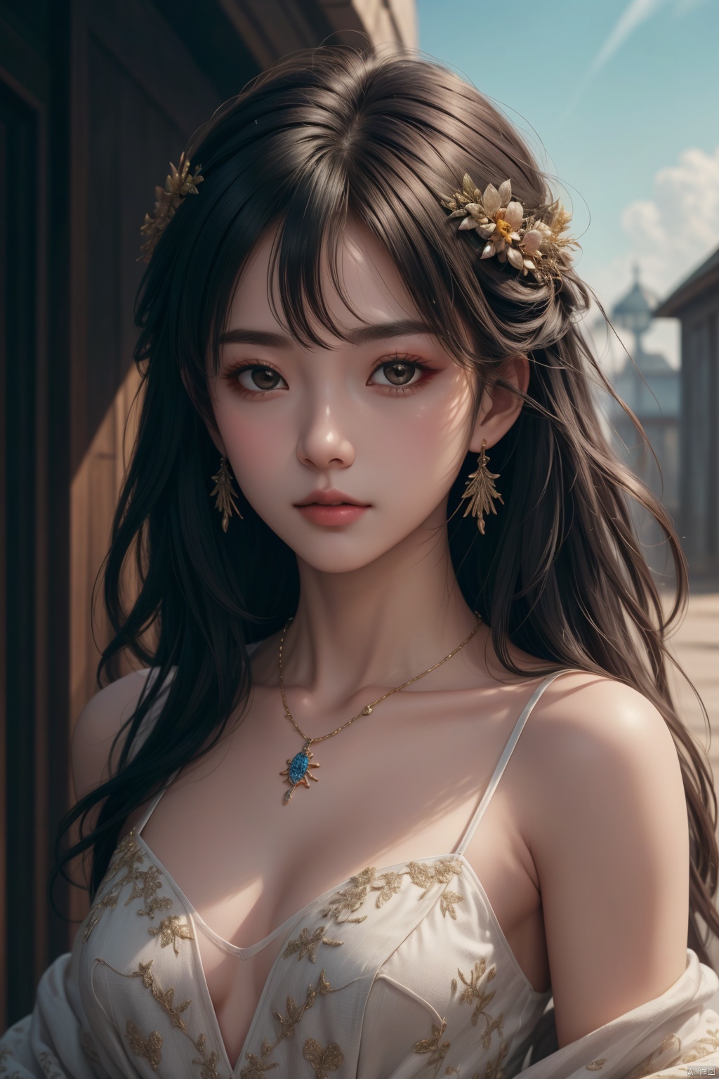  (best quality), ((masterpiece)), (highres), illustration, original, extremely detailed,1girl, solo, black hair, dress, jewelry, sky, day, brown eyes, looking at viewer, lips, blue sky, earrings, bangs, cloud, hair ornament, parted lips, necklace, bare shoulders, outdoors, floral print, blunt bangs