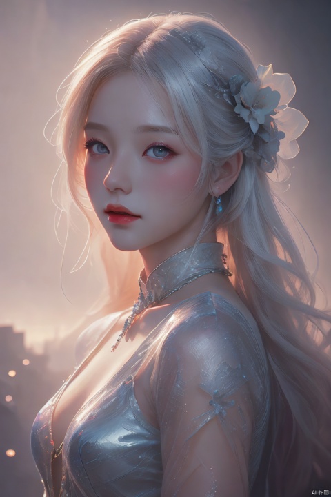  oil painting of a woman for oia stunning, promo by Tony\(dongli\), detailed painting inspired by Charlie Bowater, blooming exquisite necklace, 4 k detailed fantasy, white silver painting, dreamland, (\meng ze\)