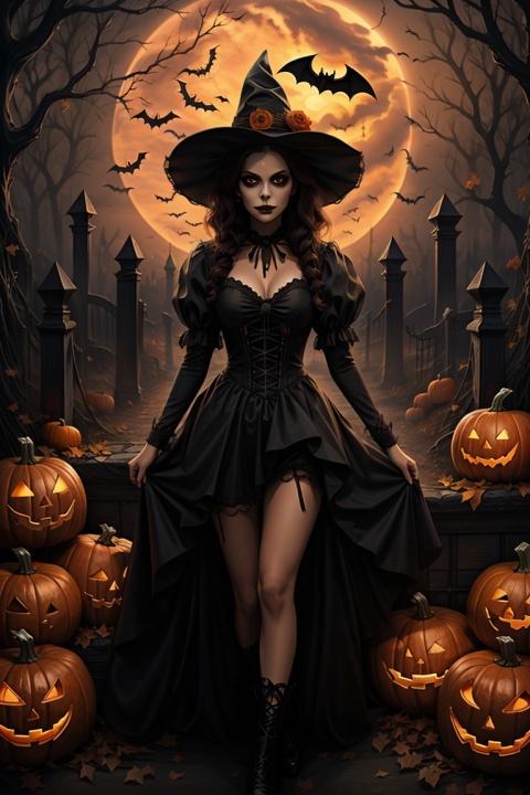  1girl, Halloween, jack-o'-lantern, bat, bat, Tombstone, Best quality, 8k