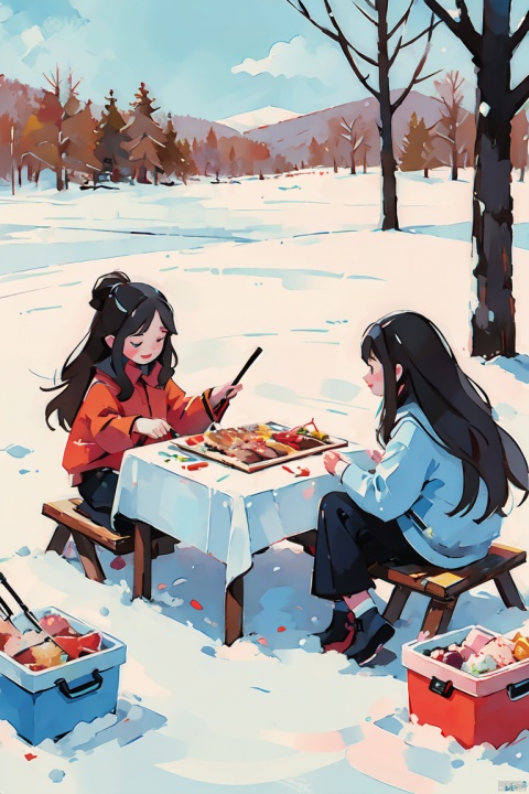  (5 girls watching and playing with each other), whole body (Laurie: 1.2), camping, picnicking, barbecue, barbecue, winter, snow, night, children's illustrations, masterpiece, best quality,