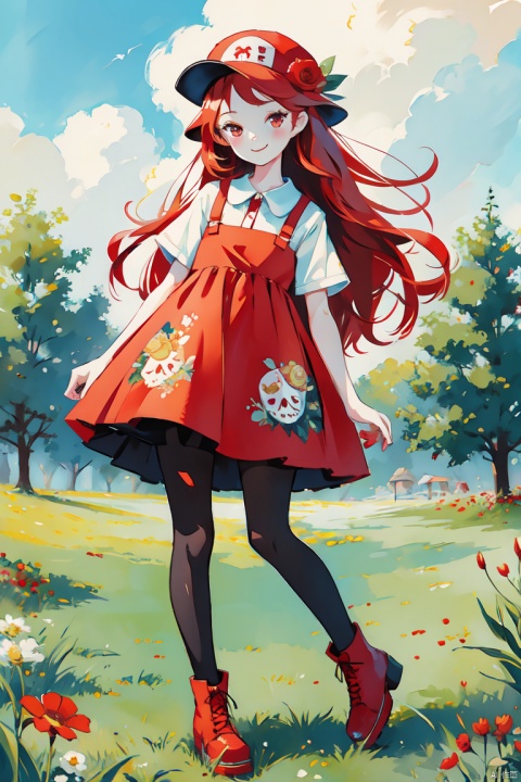 masterpiece,best quality,8K,official art,ultra high res,illustration,chibi,1girl,solo,long hair,looking at viewer,smile,red eyes,hat,dress,full body,flower,short sleeves,pantyhose,red hair,grass,red footwear,freckles,skull,