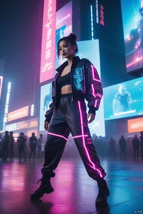 masterpiece,raw photo,cinematic film still,  A cyberpunk street dancer wearing neon-lit clothing, performing robotic dance moves in a futuristic city with holographic billboards.