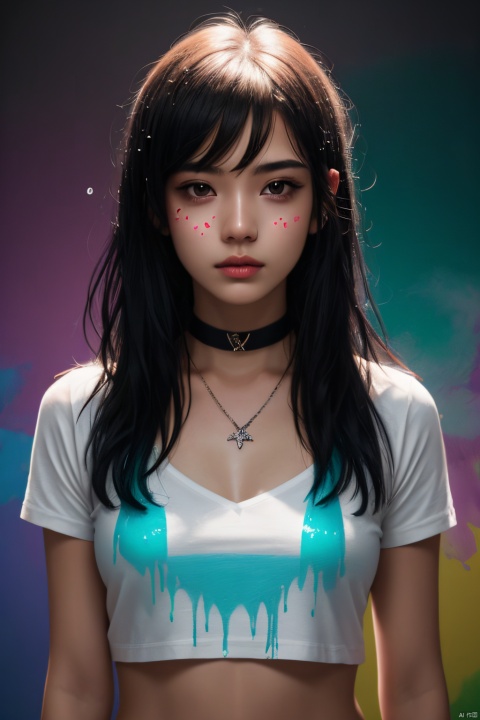  1girl, isometric, shukezouma, octane render, hdr, (hyperdetailed:1.15), (soft light, sharp:1.2), aesthetic, (Argentinian |Cuban |Colombian |Mexican) 20 years old woman, (detailed facial features), gorgeous face, grunge style, standing in her messy bedroom, pale skin, wearing eyeliner, grainy, pastel goth, scene hair, (emo girl), teased hair, wearing bracelets, wearing choker necklace, ((detailed face)), selfie, rainbow painting drops, paint teardrops, girl made up from paint, entirely paint, splat, splash, paint bulb, paint drops, broad light, backlighting, bloom, light sparkles, chromatic aberration, (bubblegum Vaporwave aesthetic),Rashmikasdxl