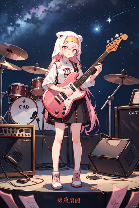  A cute seal with big pious eyes, a pink translucent PVC body, a guitar on its back, a stage, a drum kit, a microphone, and a starry sky, mengbaobao, CGArt Illustrator