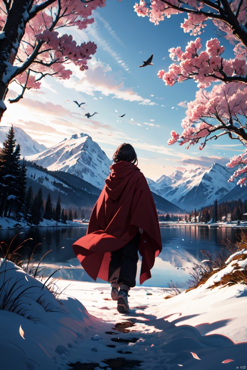  8K, best qualtiy, masterpiece, photograph realistic, 1 birds, 1girl, old trees, red plum, flying birds, distant mountains, Covered with snow, cloaks, high high quality, Adobe Lightroom, highdetailskin, looking at viewert,(full frame)
