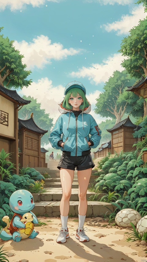  reed (arknights), 1girl, solo,green eyes,track jacket, shorts,large breasts, squirtle on head, best quality, amazing quality, very aesthetic, absurdres, surespace, tianhai