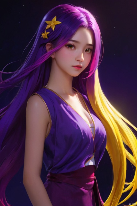  1girl, qingsha,,purple yellow theme,standing ,in the dark,simple background,upper body, looking at viewer,long colorful hair,(((masterpiece,best quality))),((good structure,Good composition,good atomy)), ((clear,original,beautiful))