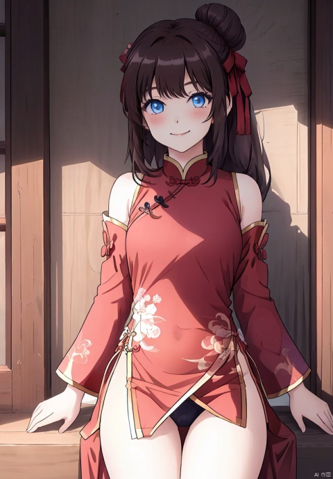  1girl, solo, long hair, breasts, looking at viewer, blush, smile, bangs, blue eyes, brown hair, dress, bow, ribbon, bare shoulders, closed mouth, hair ribbon, heart,
Unilateral ponytail,
A large chest,Wide chest,
Expose black underwear,Exposed underwear,
detached sleeves, hair bun, chinese clothes, single hair bun, pink dress, houtufeng