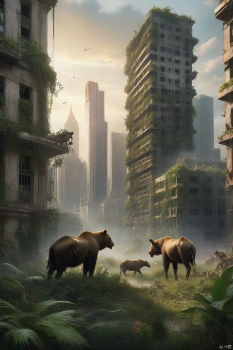 masterpiece,epic artwork,Wild animals roaming freely in the overgrown vegetation of a post-apocalyptic cityscape, with crumbling skyscrapers in the background.