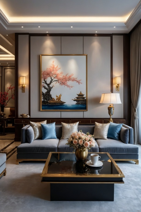  Classic, Ming and Qing Dynasties, China, the East, sedate, luxurious, a very large apartment living room, (installation art: 1.2), soft lights, complex surfaces, artistic arrangements, depth of field, gray sofa, coffee table, french window (masterpiece), (best quality: 1.2), Gauze Skirt, Dream Homes