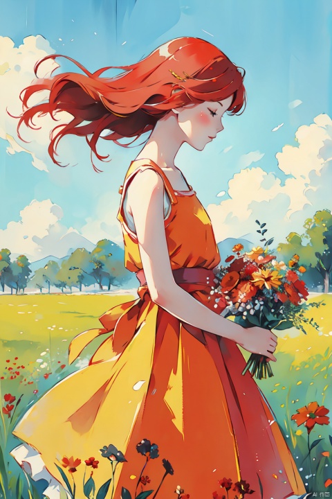  a girl with bright red hair, wearing a sundress and holding a bouquet of wildflowers, standing in a field of tall grass with a soft breeze blowing through, close up. BREAK, the scene should capture the whimsical and carefree style of Sakimichan, with a sense of peace and tranquility in the air., CGArt Illustrator, CJ painting