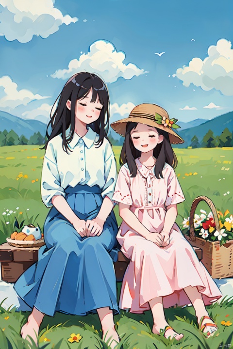  chahua, picnic, 2girls, outdoors, hat, black hair, food, tree, open mouth, grass, shirt, sky, smile, closed eyes, white headwear, flower, cloud, sitting, long hair, holding, blush, blurry foreground, spoon, blurry, mountainous horizon, blue sky, plaid shirt, day, fruit, petals, mountain, picnic basket, hair ornament, feeding, white shirt, bird