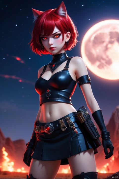 ((masterpiece)) ((best quality)) ((ultra-detailed)) ((detailed scenery)) ((depth of field)) (4k) (8k) (illustration) 1girl, cat girl, cosmic scenery, moon, blue skin, red hair, short hair, red eyes, evil expression, evil aura, black armored top, black mini skirt, monster girl,darknesskitten ((navel)) cowboy shot, cgart butterfly