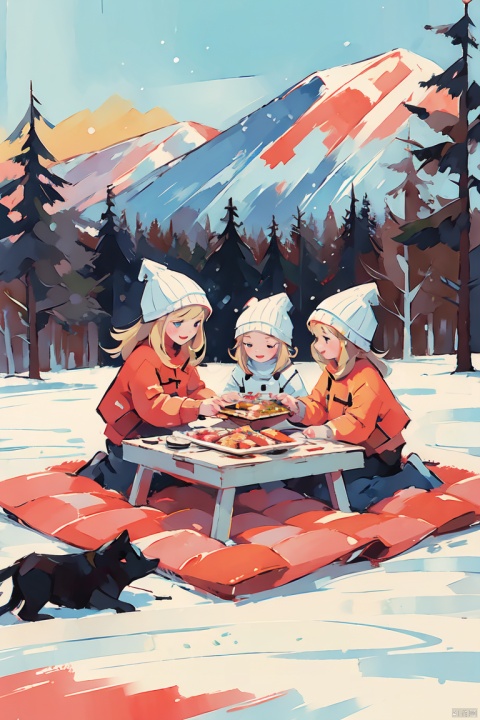  (5 girls watching and playing with each other), whole body (Laurie: 1.2), camping, picnicking, barbecue, barbecue, winter, snow, night, children's illustrations, masterpiece, best quality,