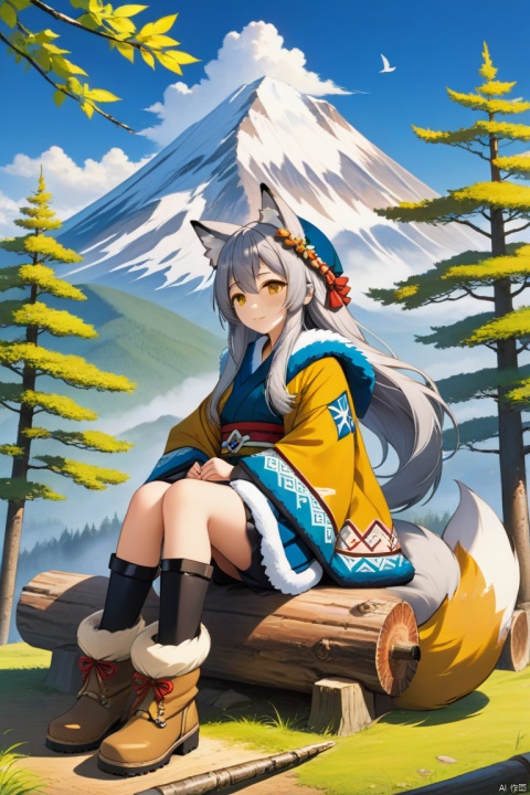  1girl, tachibana_kanade, long_hair, day, nature, sitting, outdoors, fur_trim, ainu_clothes, sky, forest, yellow_eyes, bird, hat, blue_sky, solo, grey_hair, cloud, tree, fox, boots, japanese_clothes, log, animal, mountain