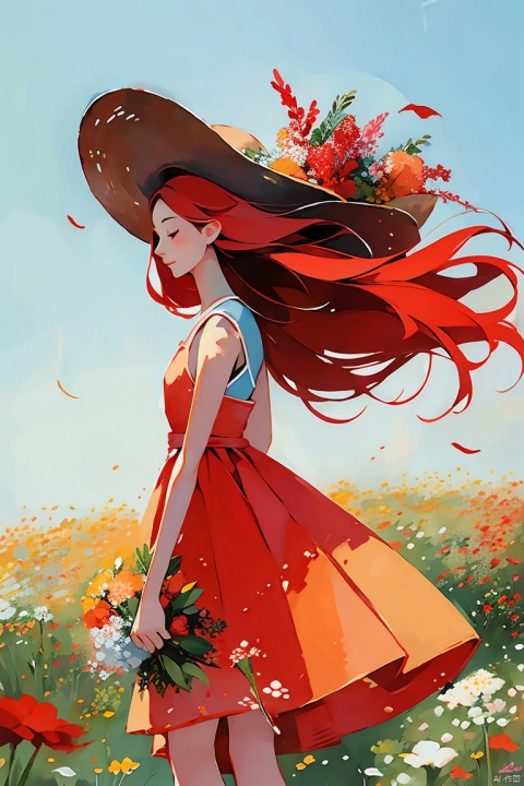  a girl with bright red hair, wearing a sundress and holding a bouquet of wildflowers, standing in a field of tall grass with a soft breeze blowing through, close up. BREAK, the scene should capture the whimsical and carefree style of Sakimichan, with a sense of peace and tranquility in the air., CGArt Illustrator, CJ painting, jijianchahua