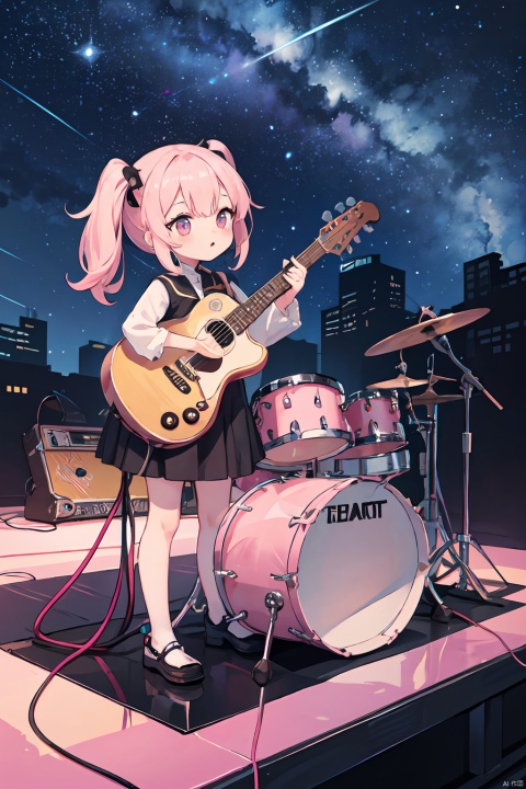  A cute seal with big pious eyes, a pink translucent PVC body, a guitar on its back, a stage, a drum kit, a microphone, and a starry sky, mengbaobao, CGArt Illustrator