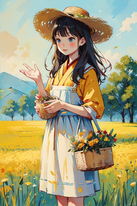  tongxin,a girl standing in the field,holding a basket in one hand,the other hand waving in the air to say hello,1 girl,autumn,field,flower field,grass,nature,outdoor,solo,rice,mature rice,harvest,yellow theme. beautiful background,bichu,oil painting,Impressionism,