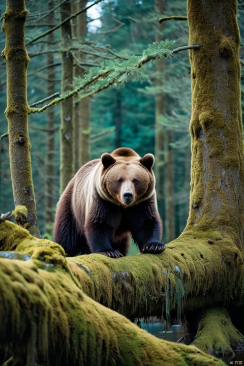  photographic of a bear in the tree for cgart mayfly\(model\) test, cinematic, forest lake, moss, cold weather, deep cyan and amber, Leica M50,f/1.9 aperture