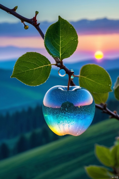 a delicate apple made of opal hung on branch  in the early morning light, adorned with glistening dewdrops. in the background beautiful valleys, divine iridescent glowing, opalescent textures, volumetric light, ethereal, sparkling, light inside body, bioluminescence, studio photo, highly detailed, sharp focus