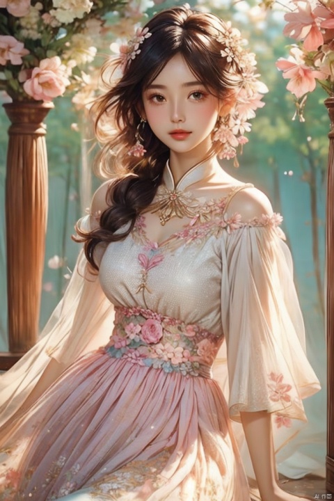  1girl, Floral motifs, luminous skin, enchanting gaze, embellished attire, natural lighting, shallow depth of field, romantic setting, dreamy pastel palette, whimsical details, captured on film,standing,thighs, , feifei, mtianmei