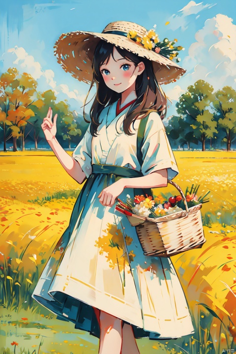  tongxin,a girl standing in the field,holding a basket in one hand,the other hand waving in the air to say hello,1 girl,autumn,field,flower field,grass,nature,outdoor,solo,rice,mature rice,harvest,yellow theme. beautiful background,bichu,oil painting,Impressionism,