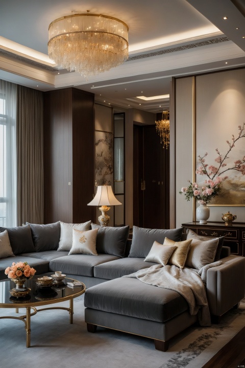  Classic, Ming and Qing Dynasties, China, the East, sedate, luxurious, a very large apartment living room, (installation art: 1.2), soft lights, complex surfaces, artistic arrangements, depth of field, gray sofa, coffee table, french window (masterpiece), (best quality: 1.2), Gauze Skirt, Dream Homes