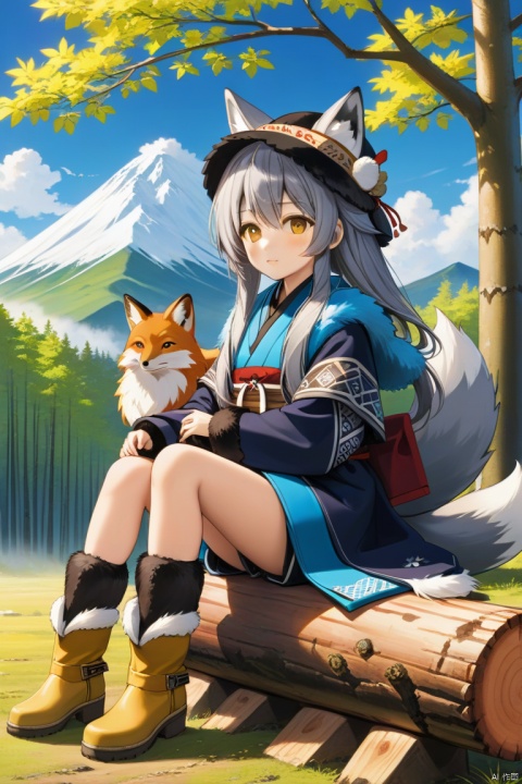  1girl, tachibana_kanade, long_hair, day, nature, sitting, outdoors, fur_trim, ainu_clothes, sky, forest, yellow_eyes, bird, hat, blue_sky, solo, grey_hair, cloud, tree, fox, boots, japanese_clothes, log, animal, mountain