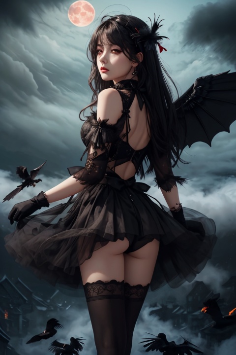  (((masterpiece))),best quality, extremely detailed CG unity 8k, illustration, contour deepening beautiful detailed glow,(beautiful detailed eyes), (1 girl:1.1), ((Bana)), large top sleeves, Floating black ashes, Beautiful and detailed black, red moon, ((The black clouds)), (black Wings) , a black cloudy sky, burning, black dress, (beautiful detailed eyes), black expressionless, beautiful detailed white gloves, (crow), bat, (floating black cloud:1.5),white and black hair, disheveled hair, long bangs, hairs between eyes, black knee-highs, black ribbon, white bowties, midriff,{{{half closed eyes}}},((Black fog)), Red eyes, (black smoke), complex pattern, ((Black feathers floating in the air)), (((arms behind back)))