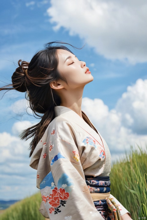  1girl, solo, sky, outdoors, cloud, day, closed eyes, wind, grass, blue sky, lips, closed mouth, nose, black hair, upper body, from side, profile, eyelashes, floating hair, realistic, cloudy sky, brown hair, japanese clothes, long hair, messy hair, kimono, watermark, maolilan, jiqing