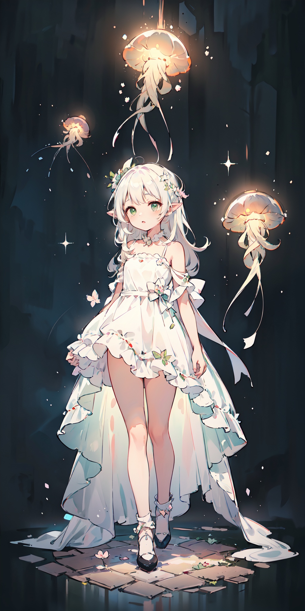 (masterpiece:1.3), (ultra-detailed, high resolution, extremely detailed),1girl\(toddler, female ,pointy ears,white hair,gradient white hair, green inner hair,light green eyes,wedding dress:1.5),(full body:1.5)\),BREAK,(dark cave, dark background:1.4), fluorescent, intricate, surreal,breathtaking,incredible,(best quality),wedding dress,swing,cozy anime,flat, jellyfish forest,watercolor