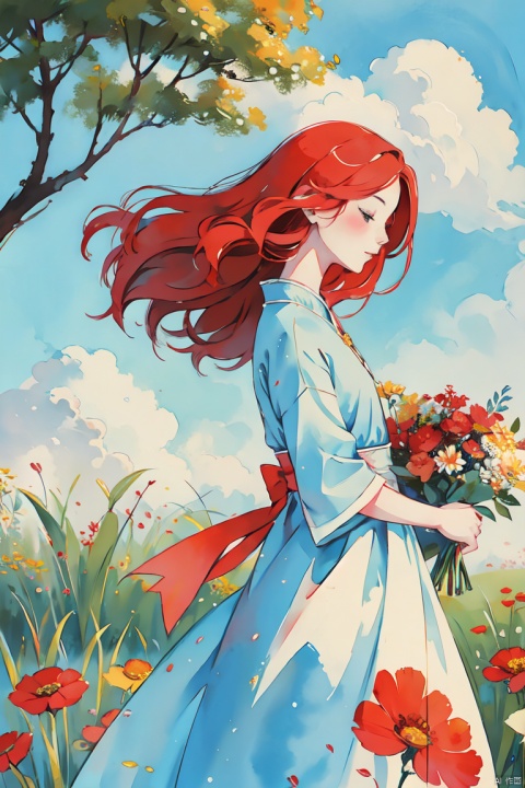  a girl with bright red hair, wearing a sundress and holding a bouquet of wildflowers, standing in a field of tall grass with a soft breeze blowing through, close up. BREAK, the scene should capture the whimsical and carefree style of Sakimichan, with a sense of peace and tranquility in the air., CGArt Illustrator, CJ painting, jijianchahua, (\ji jian\)