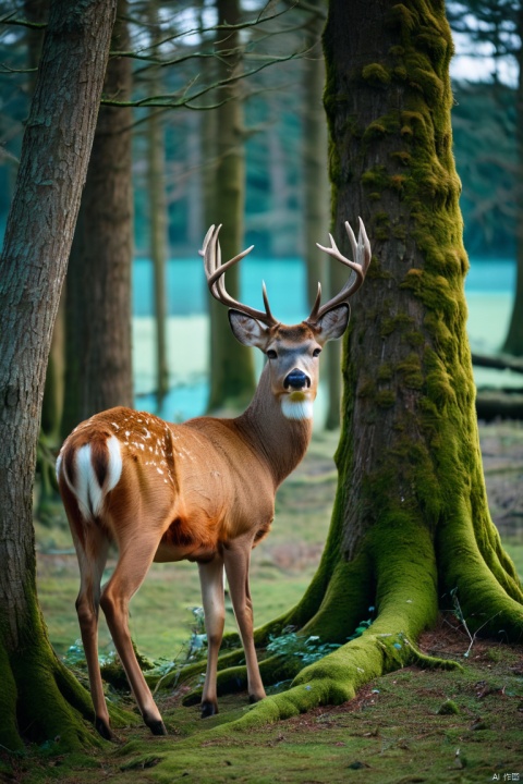  photographic of a deer in the tree for cgart mayfly\(model\) test, cinematic, forest lake, moss, cold weather, deep cyan and amber, Leica M50,f/1.9 aperture