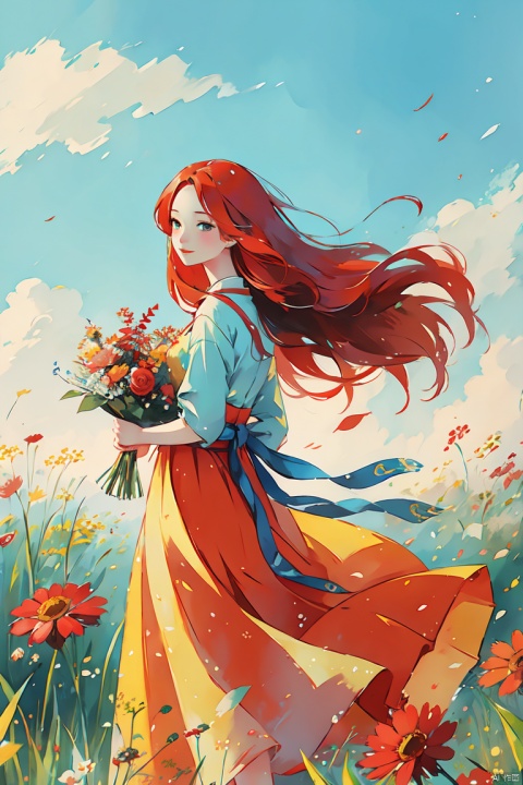  a girl with bright red hair, wearing a sundress and holding a bouquet of wildflowers, standing in a field of tall grass with a soft breeze blowing through, close up. BREAK, the scene should capture the whimsical and carefree style of Sakimichan, with a sense of peace and tranquility in the air., CGArt Illustrator, CJ painting, jijianchahua, (\ji jian\)