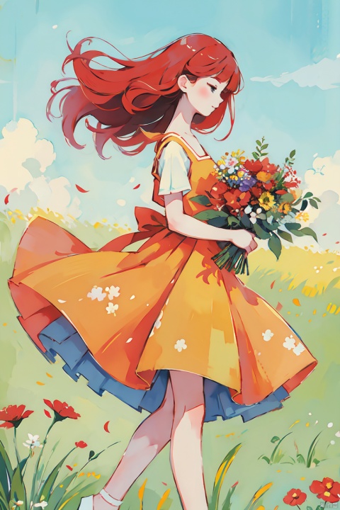 a girl with bright red hair, wearing a sundress and holding a bouquet of wildflowers, standing in a field of tall grass with a soft breeze blowing through, close up. BREAK, the scene should capture the whimsical and carefree style of Sakimichan, with a sense of peace and tranquility in the air., CGArt Illustrator, CJ painting, jijianchahua