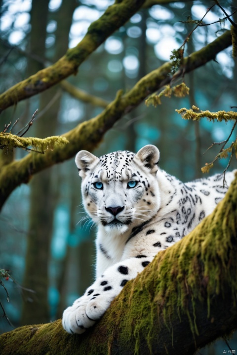  photographic of a snow leopakd in the tree for cgart mayfly\(model\) test, cinematic, forest lake, moss, cold weather, deep cyan and amber, Leica M50,f/1.9 aperture