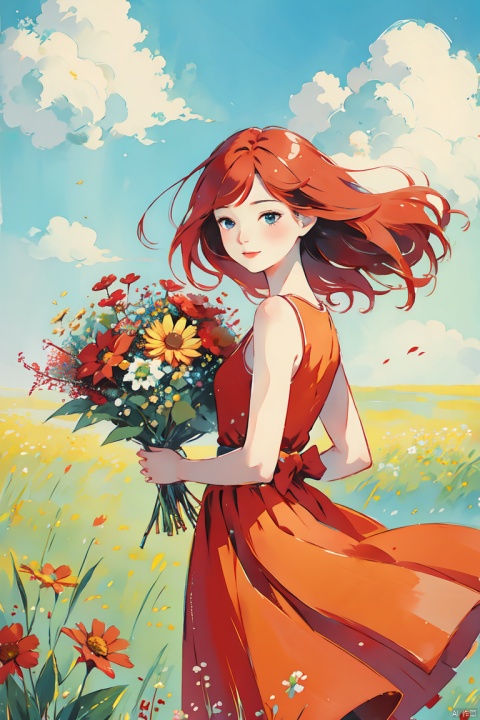  a girl with bright red hair, wearing a sundress and holding a bouquet of wildflowers, standing in a field of tall grass with a soft breeze blowing through, close up. BREAK, the scene should capture the whimsical and carefree style of Sakimichan, with a sense of peace and tranquility in the air., CGArt Illustrator, CJ painting