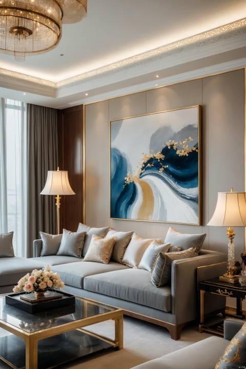  Classic, Ming and Qing Dynasties, China, the East, sedate, luxurious, a very large apartment living room, (installation art: 1.2), soft lights, complex surfaces, artistic arrangements, depth of field, gray sofa, coffee table, french window (masterpiece), (best quality: 1.2), Gauze Skirt, Dream Homes