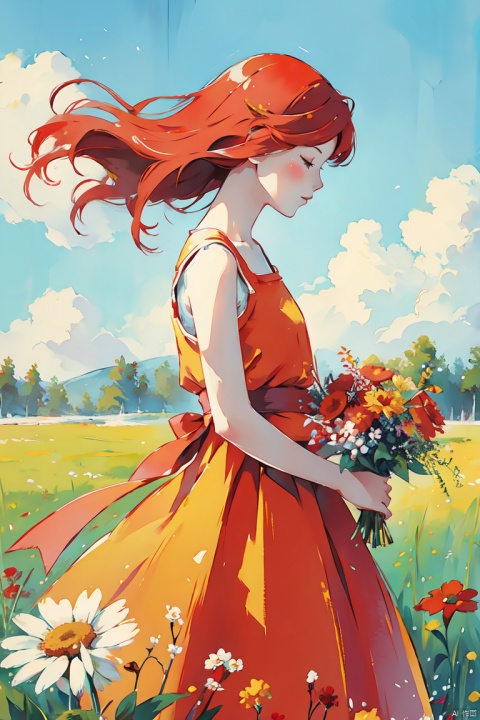  a girl with bright red hair, wearing a sundress and holding a bouquet of wildflowers, standing in a field of tall grass with a soft breeze blowing through, close up. BREAK, the scene should capture the whimsical and carefree style of Sakimichan, with a sense of peace and tranquility in the air., CGArt Illustrator, CJ painting