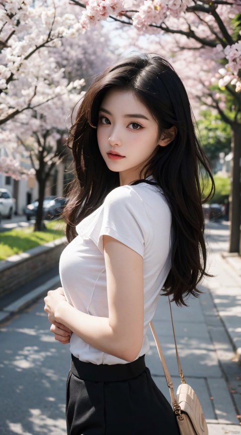 Best Quality, masterpiece,sharp focus,ultra detailed, 8K RAW, JK, uniform, 1girl, portrait, seducing look,baby fat,clear white skin,detailed skin, walk in the street, wind, long hair,
black sexy skirt, (see through:1.2) , long 
 legs, black pantyhose, (beautiful face:1.4), t-shirt, 5 fingers,cherry_blossoms background,