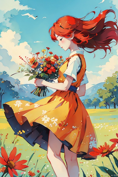  a girl with bright red hair, wearing a sundress and holding a bouquet of wildflowers, standing in a field of tall grass with a soft breeze blowing through, close up. BREAK, the scene should capture the whimsical and carefree style of Sakimichan, with a sense of peace and tranquility in the air., CGArt Illustrator, CJ painting, jijianchahua, (\ji jian\)