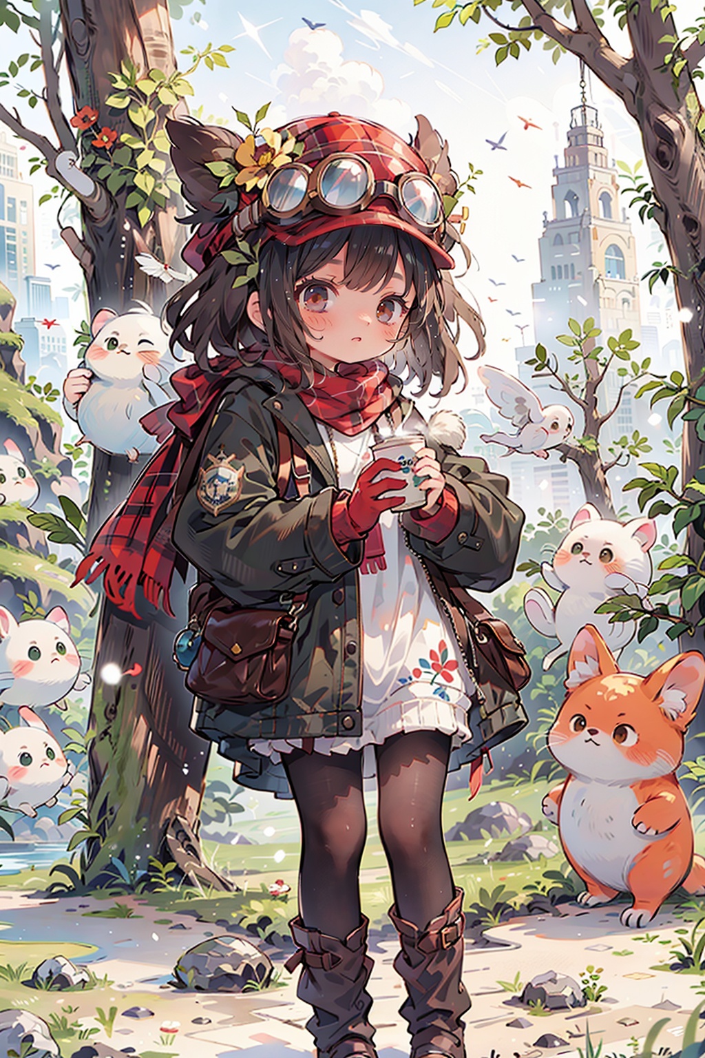 In winter, snow-capped girls, ski caps, scarves, big sweaters, down jackets, skirts, pantyhose, thick leather boots, holding thermal cups in both hands, red cheeks, wearing goggles and plush gloves, under a tree