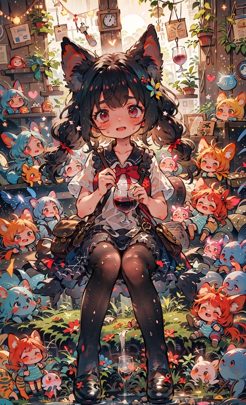 Big Sister, Royal Sister, drunk, drunk, blushing, slightly tipsy, holding glass, sleeping, OL uniform work dress, dark black dress, holding wine glass, long black hair, leather boots, eyes love, black pantyhose, sweating, red all over, lower body in a mess, flushed, gentle smile,Animal ear