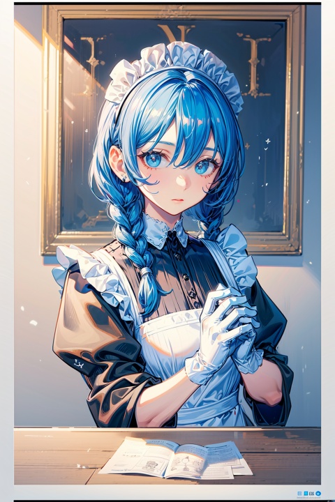 Masterpiece, best quality, (sense of design), (poster design), (front) girl, black pupil, in the dark room, no light, big eyes, black braids, white gloves, white maid headdress, black and white maid dress, holding candles in both hands, puzzled expression, only upper body, bust