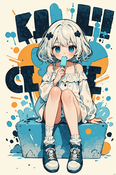 Masterpiece, best quality, girl, simple painting style, clean picture, white background board, girl in a square ice cube, eating peppermint popsicle, legs curled up, white shoulder dress, white cotton socks, loose white hair, ice blue eyes, HTTP