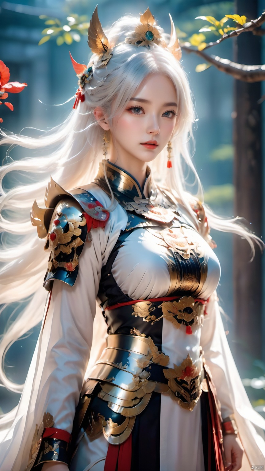 A beautiful woman, armor, white hair, Chinese elements, A mask with eyes exposed,32K ultra high definition, mask,best quality, masterpiece,