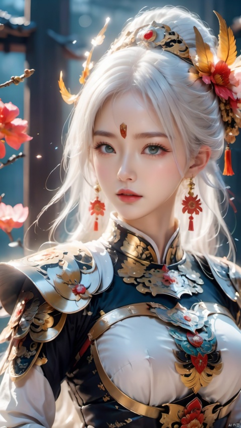 A beautiful woman, armor, white hair, Chinese elements, A mask with eyes exposed,32K ultra high definition, mask,best quality, masterpiece,