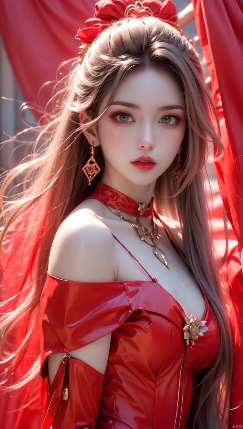  Masterpiece, Ultimate, (A girl was bound with red cloth:1.5), silk, cocoon, spider web, Solo, Complex Details, Color Differences, Realistic, (Moderate Breath), Off Shoulder, Eightfold Goddess, Pink Long Hair, Red Headwear, Hair Above One Eye, Green Eyes, Earrings, Sharp Eyes, Perfect Fit, Choker, Dim Lights,cocoon,transparent,jiBeauty, (red Tight latex clothing), 1girl